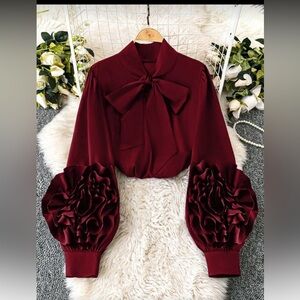 SHEIN Unity Court Retro Plus Size Burgundy Rose Long Sleeve blouse